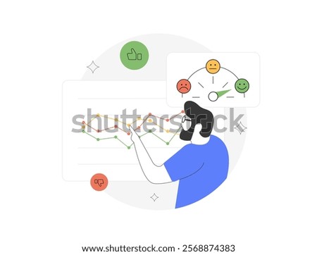 Sentiment analysis - social media sentiment, customer reviews and brand feedback. Positive, neutral and negative emotions in graphs for marketing and customer insights. Sentiment analysis illustration