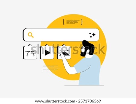 AI image generation prompts for content creation including photo images, video files, vector icons and marketing content. Modern AI assistant for creative and marketing workflows isolated illustration