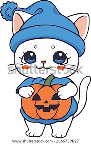 White Cat in a Blue Hat Holding a Pumpkin, Cat Halloween