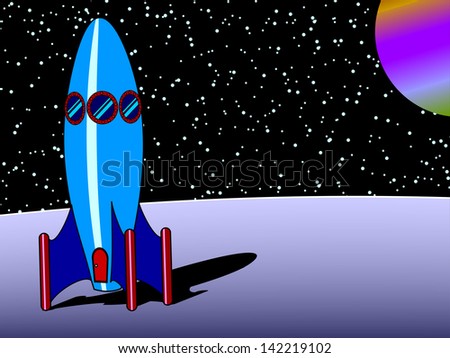 Alien Landscape with Rocket Ship, Planet and Stars