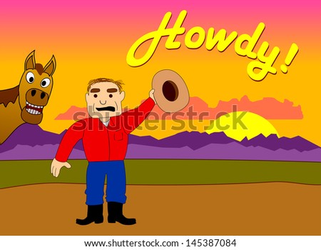 Western Sunset Art with Cowboy Bill Saying Howdy