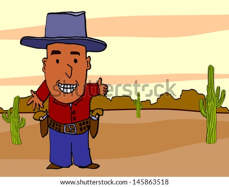 Illustrated Gunfighter Cowboy in Western Landscape Scene with Cactus, Desert and Mountains