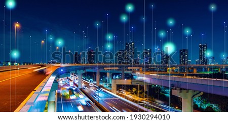 Modern cityscape and communication network concept. Telecommunication. IoT (Internet of Things). ICT (Information communication Technology). 5G. Smart city. Digital transformation.
