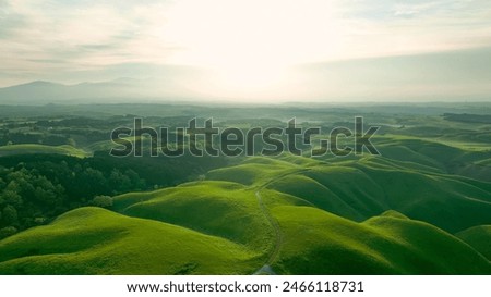 Similar – Image, Stock Photo Aerial view of early morning mist over small rustic road among forest trees