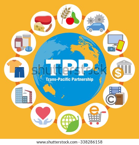 TPP (Trans Pacific Partnership) and various trading goods, services, vector icons and illustrations