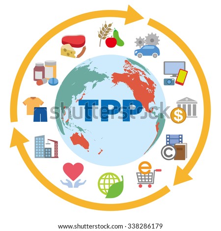 TPP (Trans Pacific Partnership) and various trading goods, services, vector icons and illustrations