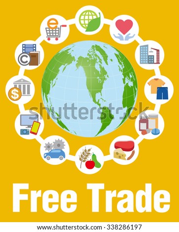 Free trade and various trading goods, services, vector icons and illustrations