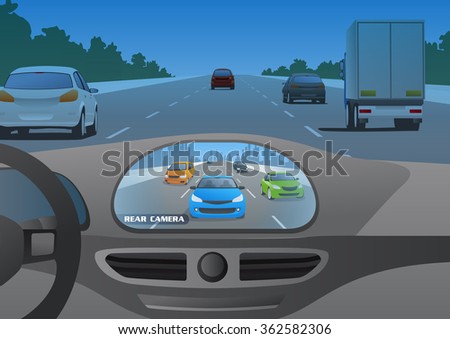 car cockpit and rear view camera image, vector illustration