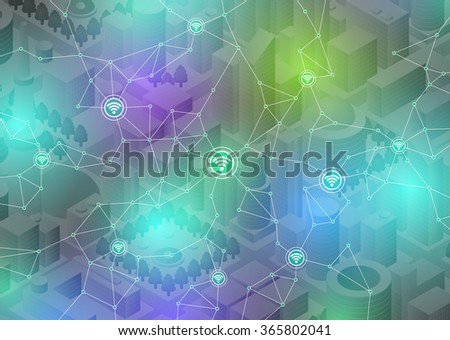 Internet of things(IoT), city and buildings, sensor network, abstract image vector illustration