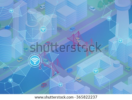 Internet of things, city and buildings, sensor network, abstract image vector illustration