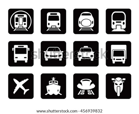 various transportation square icon set, including cars, trains, subway, monorail, linear motor car, airplane, ship, motorcycle