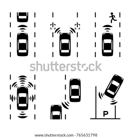 Sensing system of vehicle icon set. Autonomous car.