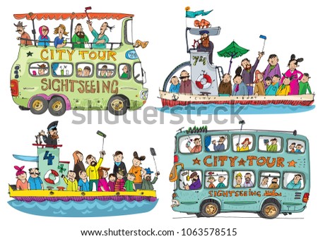 A set of cute sightseeing vehicles. Buses and boats. Cartoon.