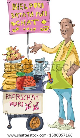 indian street food vendor is selling traditional indian dish BHEL PURI - cartoon