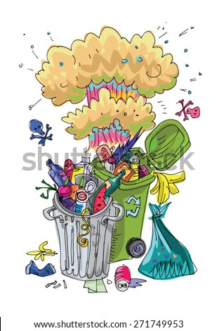 Dumpster with mushroom cloud - symbol of environmental pollution - caricature cartoon