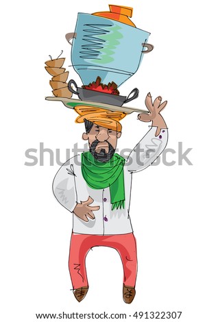 an indian street tea vendor is balancing heavy pot on his head - chaiwalla - cartoon
