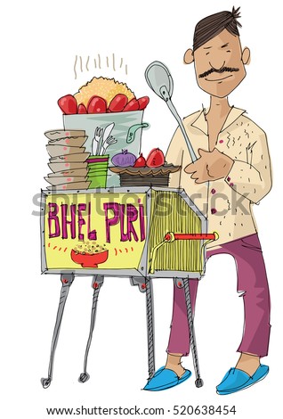 Sketch of indian street food vendor is selling traditional indian dish BHEL PURI - cartoon