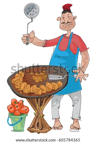 An indian street food vendor offers traditional indian dishI - cartoon