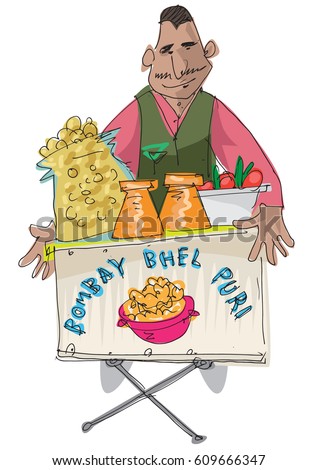 indian street food vendor offers traditional indian dish BHEL PURI - cartoon