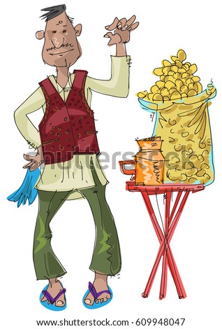 indian street food vendor offers traditional indian dish BHEL PURI - cartoon