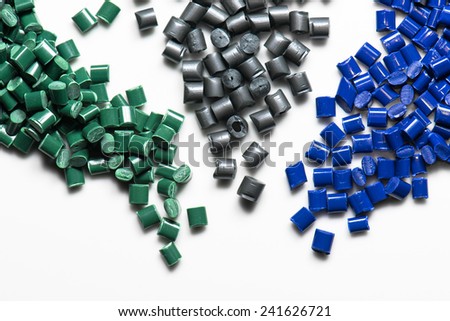 blue, grey and green plastic granulate for injection molding