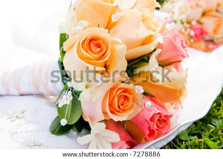 bouquet on a wedding dress