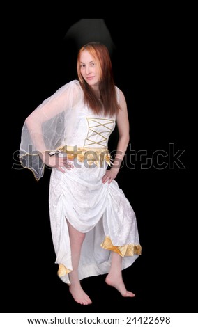 one twenties red haired woman dressed as a Greek Goddess in white over black