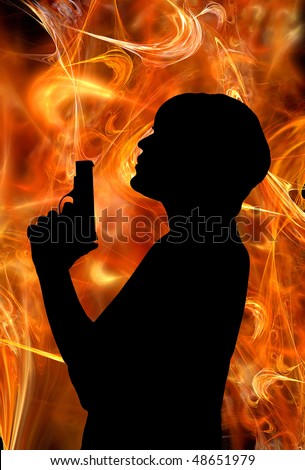 Woman Blowing The Smoke Off The Tip Of Her Gun Barrel In Front Of Hot ...