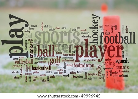 large group of related sports words with end zone line for football in the background