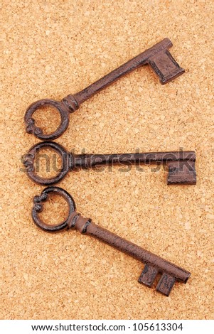 a bunch of antique keys on cork background