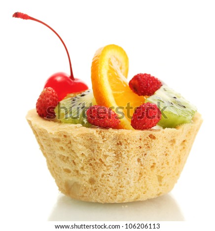 sweet cake with fruits isolated on white