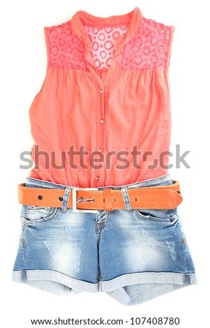 Womens blouse and denim shorts isolated on white