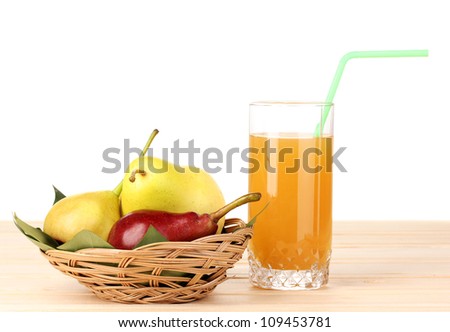 Pear juice with pears on wooden table on white background