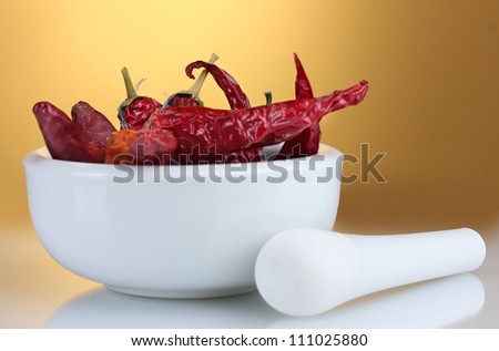 White mortar and pestle with red peppers