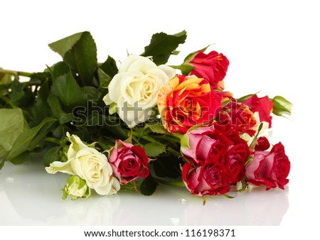 Bouquet of beautiful roses on white background close-up