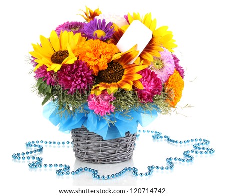 Beautiful bouquet of bright flowers with paper note isolated on white