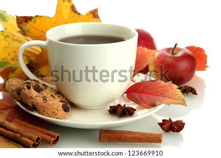 cup of hot tea and autumn leaves, isolated on white