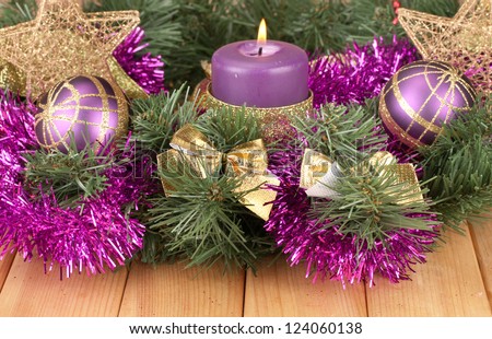 christmas composition with candles and decorations in purple and gold colors on wooden background - Purple And Gold Christmas Decorations christmas composition with candles and decorations in purple and gold colors on wooden background - Purple And Gold Christmas Decorations