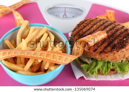 Hot-dog, hamburger and fries on scales close-up