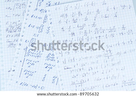 Math, physics and geometry on copybook page isolated on white