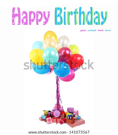Many bright balloons and many gifts isolated on white