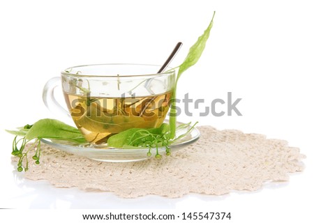Glass cup of tea with linden isolated on white
