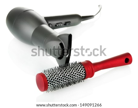 hair dryer and comb brush, isolated on white