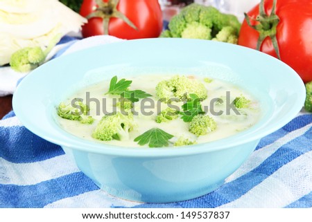 Cabbage soup in plates on napkin on wooden table