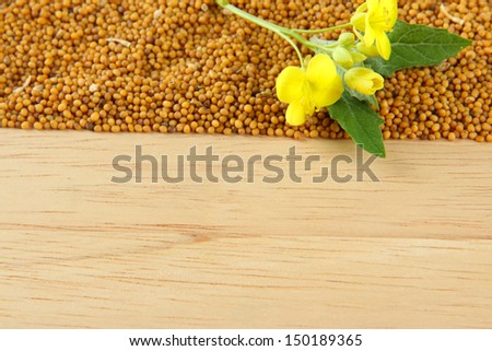 Mustard seeds and mustard flower on wooden background