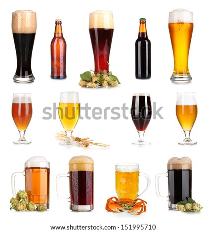Lots of beer in different containers isolated on white