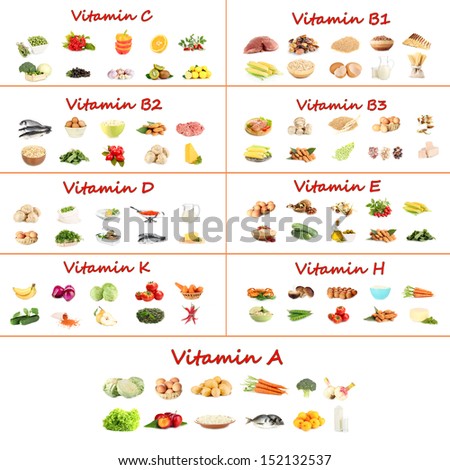 Collage of various food products containing vitamins Photo stock © 