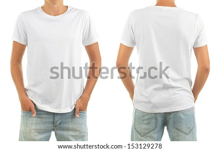 T-Shirt On Young Man In Front And Behind Isolated On White Stock Photo ...