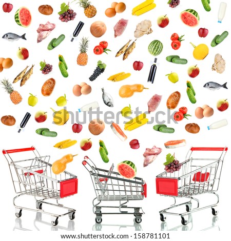 Food products flying out around shopping carts  isolated on white