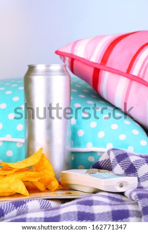 Chips in bowl, beer and TV remote on plaid on pillows background